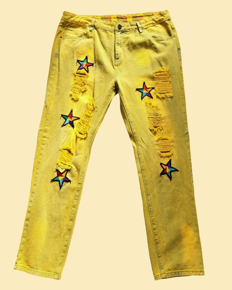 Acid Wash Patchwork Tapered Jean Yellow 38x30 Distressed Festival Streetwear-image