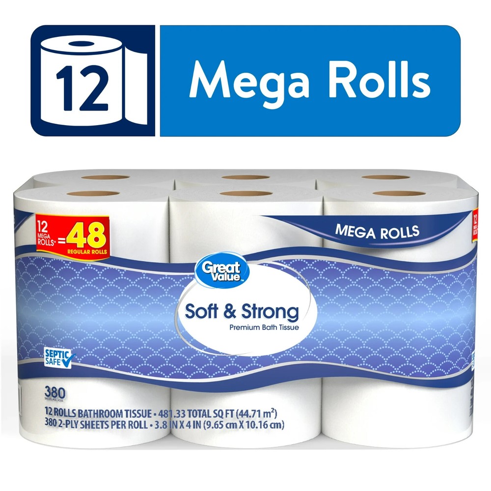 Great Value Soft & Strong Premium Toilet Paper, 12 Mega Rolls Discount