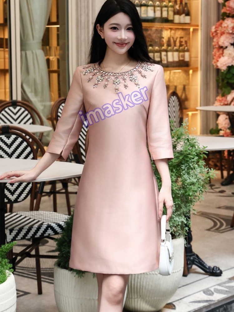 Beaded Round Neck 3/4 Sleeve Short Dress Autumn Women's New A-line Party Club
