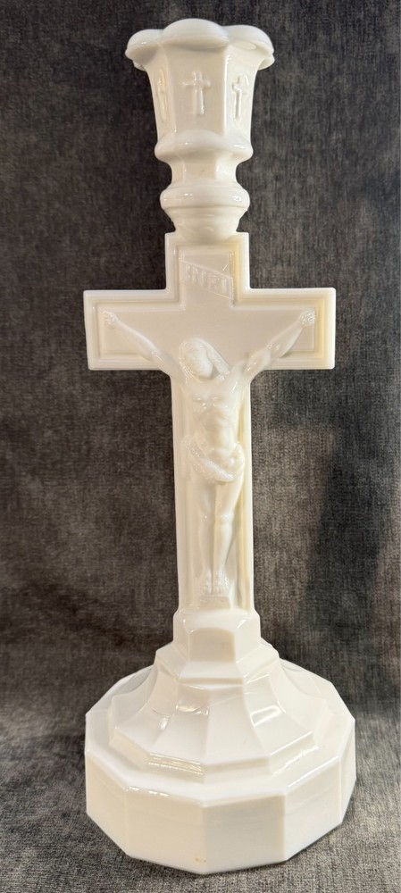 19th Century Milk Glass Crucifix Candlestick Boston & Sandwich  12 ¾”