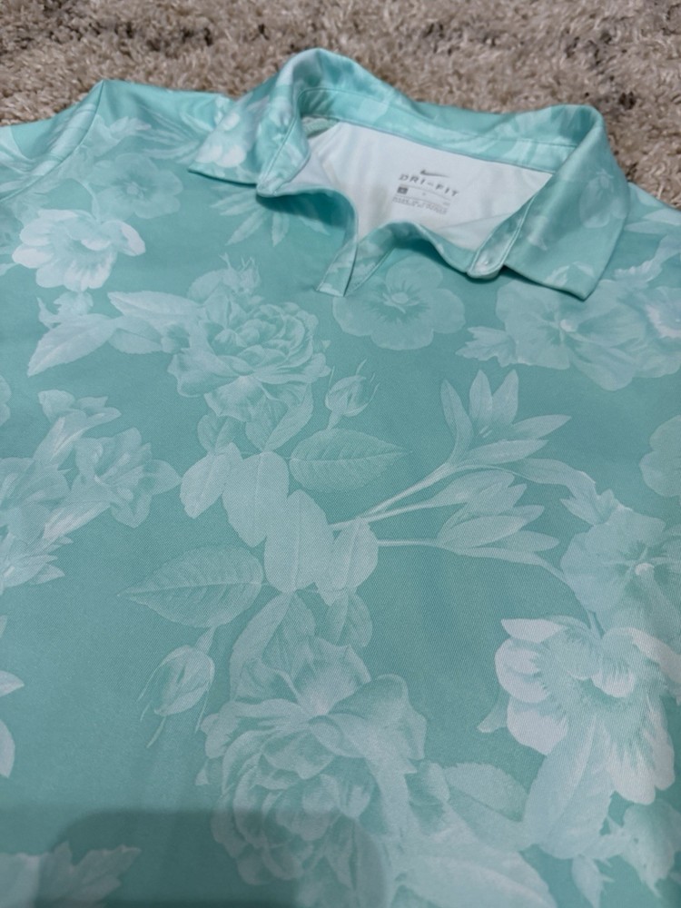 Nike Dri-Fit Breathe Womens Golf Polo Short Sleeve Floral Light Blue Size S