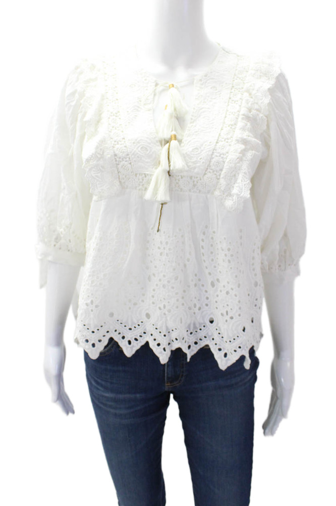 Bell Womens Cotton Eyelet Y-Neck 3/4 Sleeve Blouse Top White Size XSFree Shipping in US $100+ Orders | $6.95 Orders Below