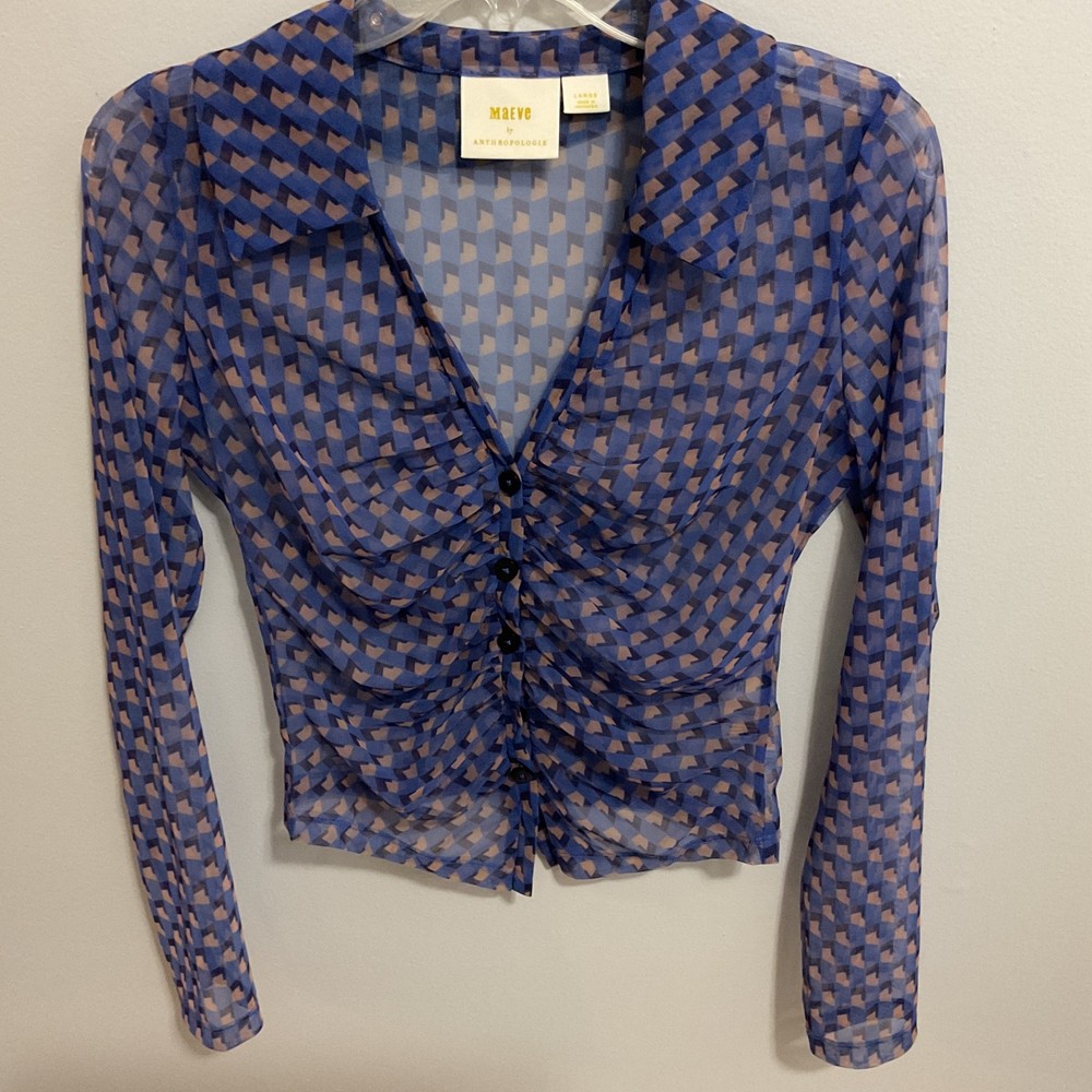 Maeve Anthropologie Sheer Ruched Button Up Blue Geometric Print Cropped Blouse,L
