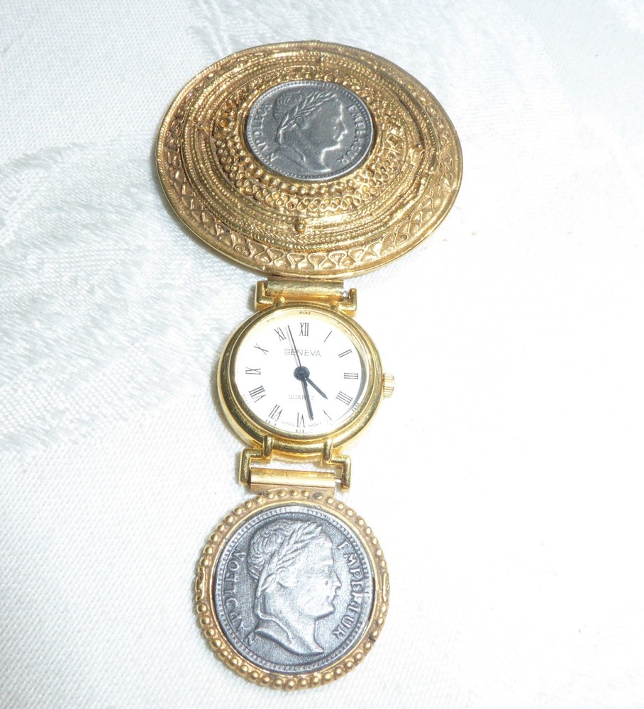 Vintage Gold Tone Napoleon Coin Geneva Quartz Watch Brooch Statement Piece