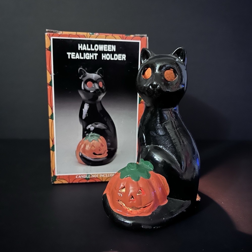 Vintage Ceramic Kmart Halloween Tea Light Candle Holder Witch Black Cat Pumpkin