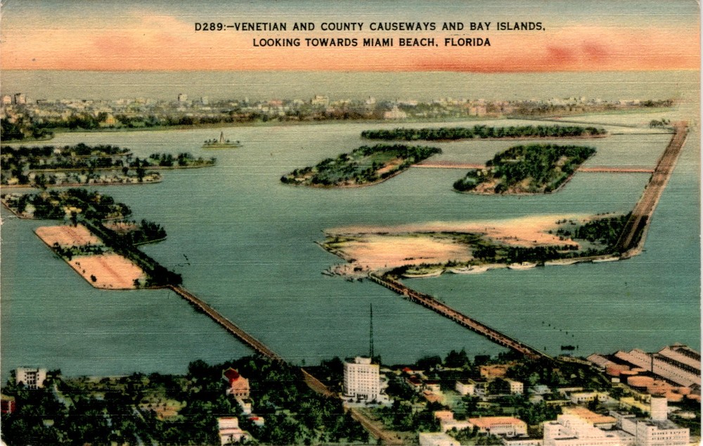 VENETIAN CAUSEWAY, COUNTY CAUSEWAY, BAY ISLANDS, MIAMI Postcard