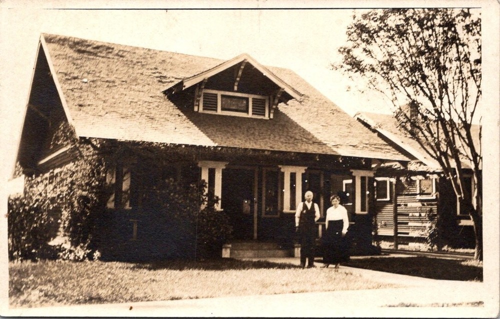 1920s Man and Woman Standing in Front of Old House Vintage Real Photo Postcard