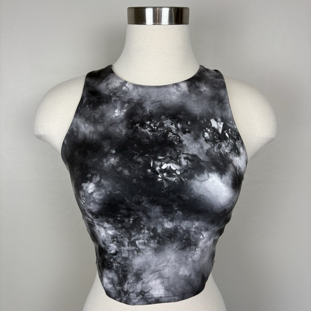 Athleta Conscious Crop Bra Size Small Black Gray Marble Print Sports Activewear