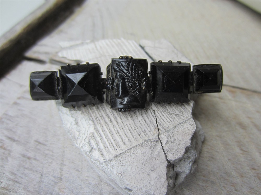 Antique Victorian French ? Jet Black Carved Cameo Glass Bar Mourning PIN Brooch