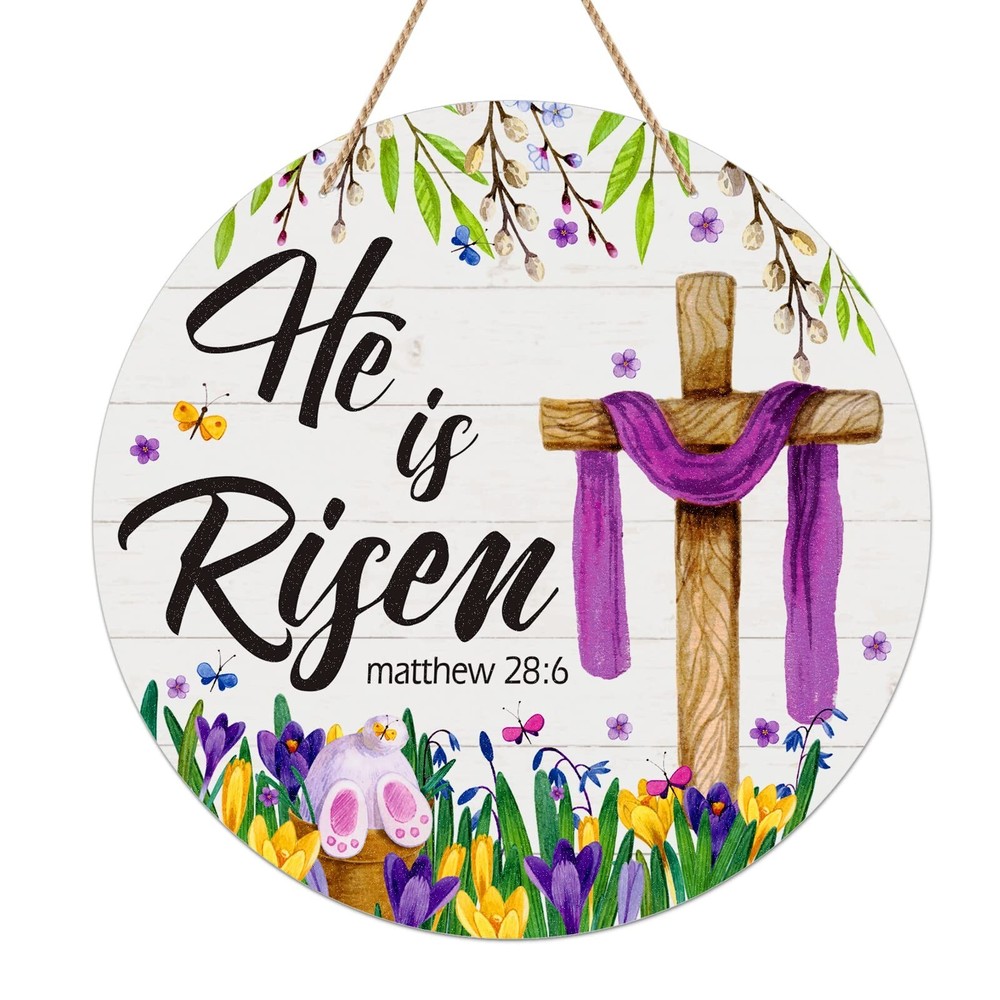 FaCraft Religious Easter He is Risen Front Door Wreath Decor for Spring