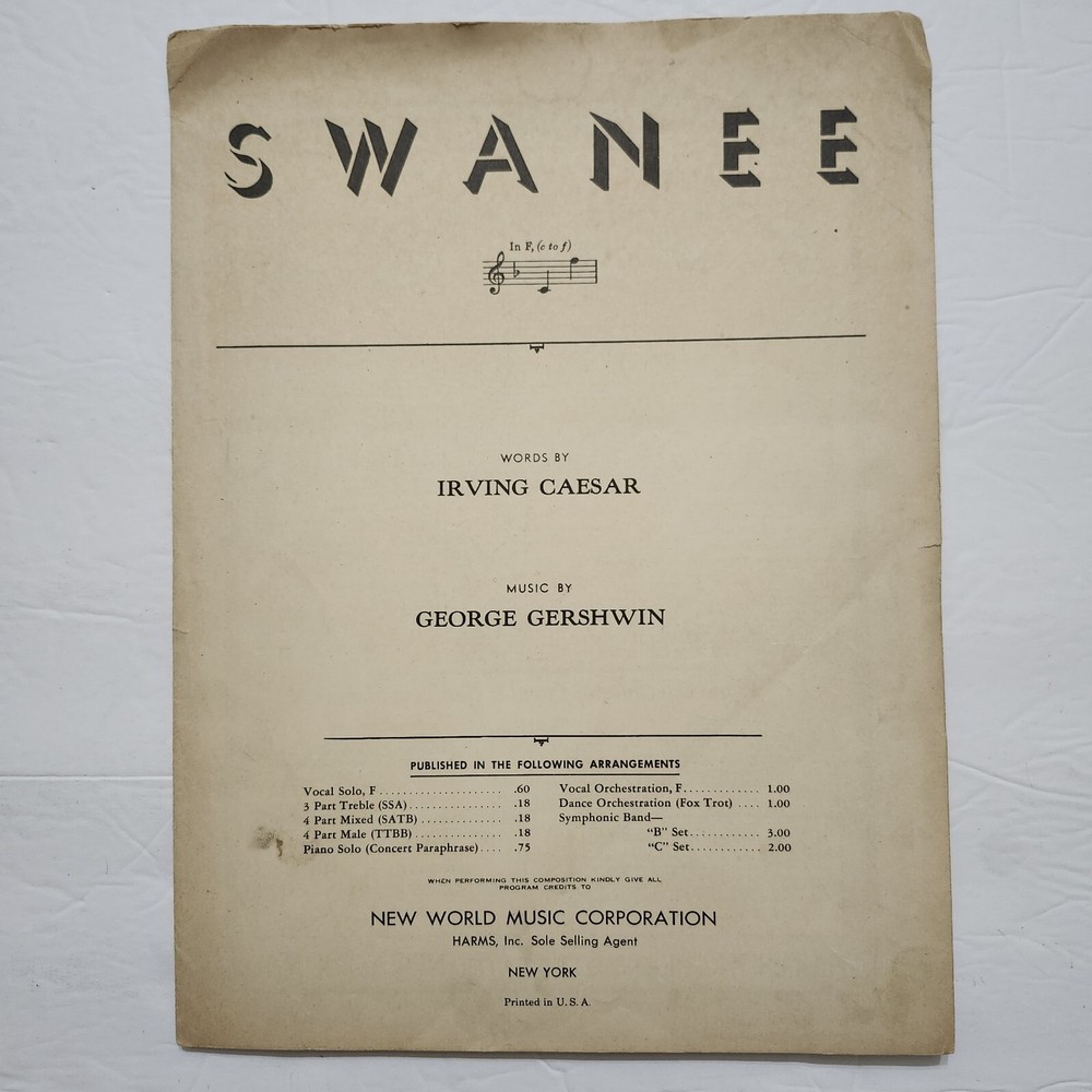 1919 SWANEE Sheet Music George Gershwin Irving Caesar from SINBAD