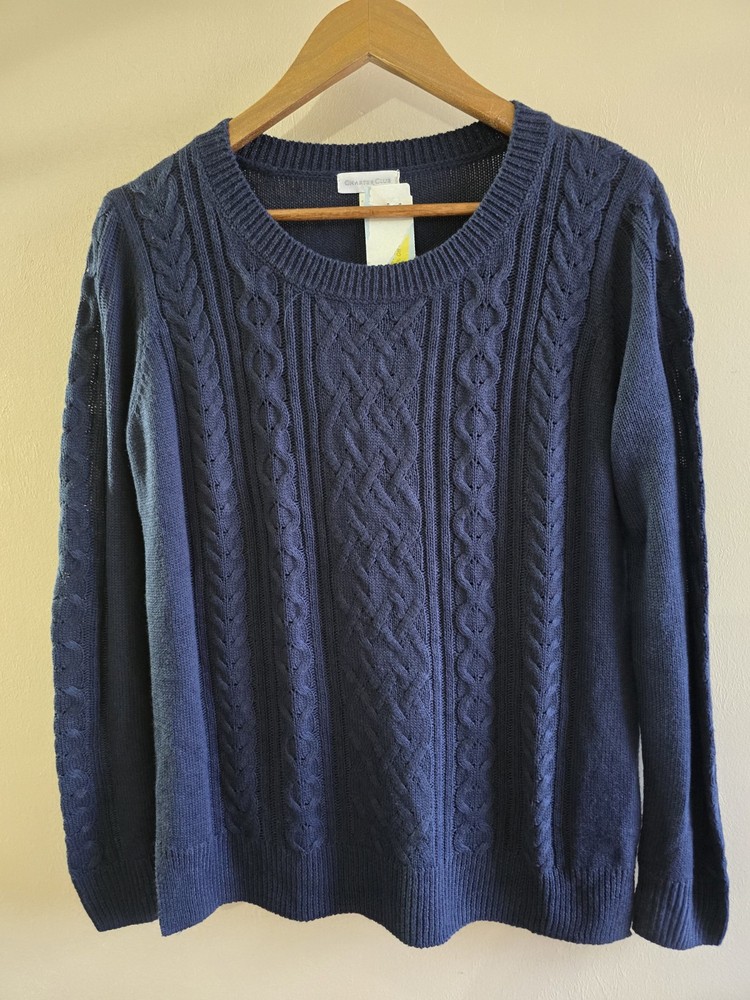 NWT Women's Charter Club Cable Knit  Blue Sweater Size M Long Sleeve Pullover