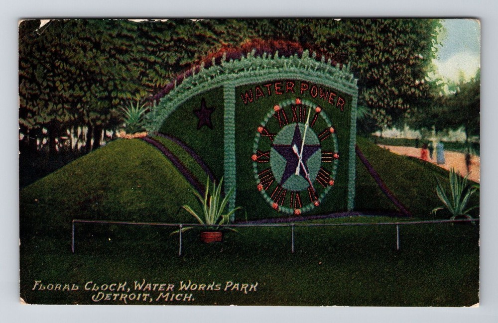 Detroit MI-Michigan, Floral Clock, Water Works Park, Vintage Postcard