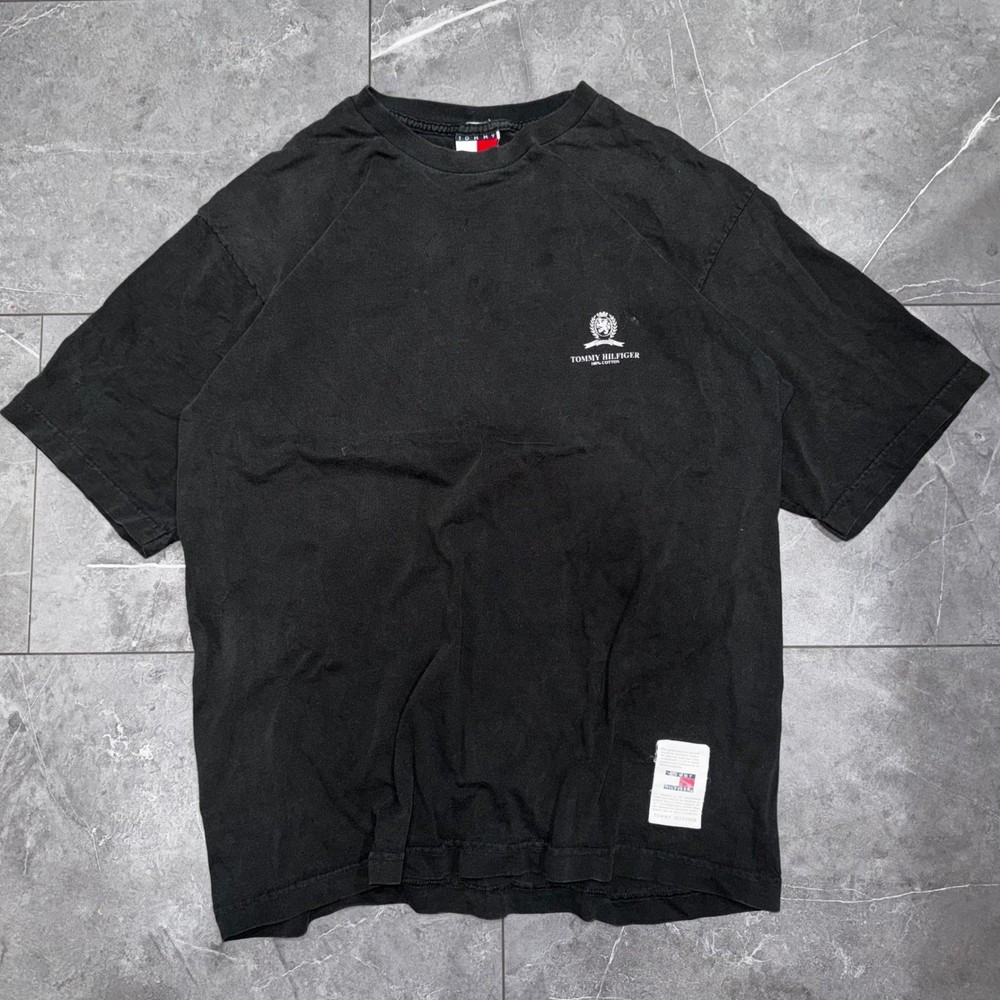 Vintage Tommy Hilfiger Crest Logo T-Shirt Black Made in USA Mens Large 90s Tee