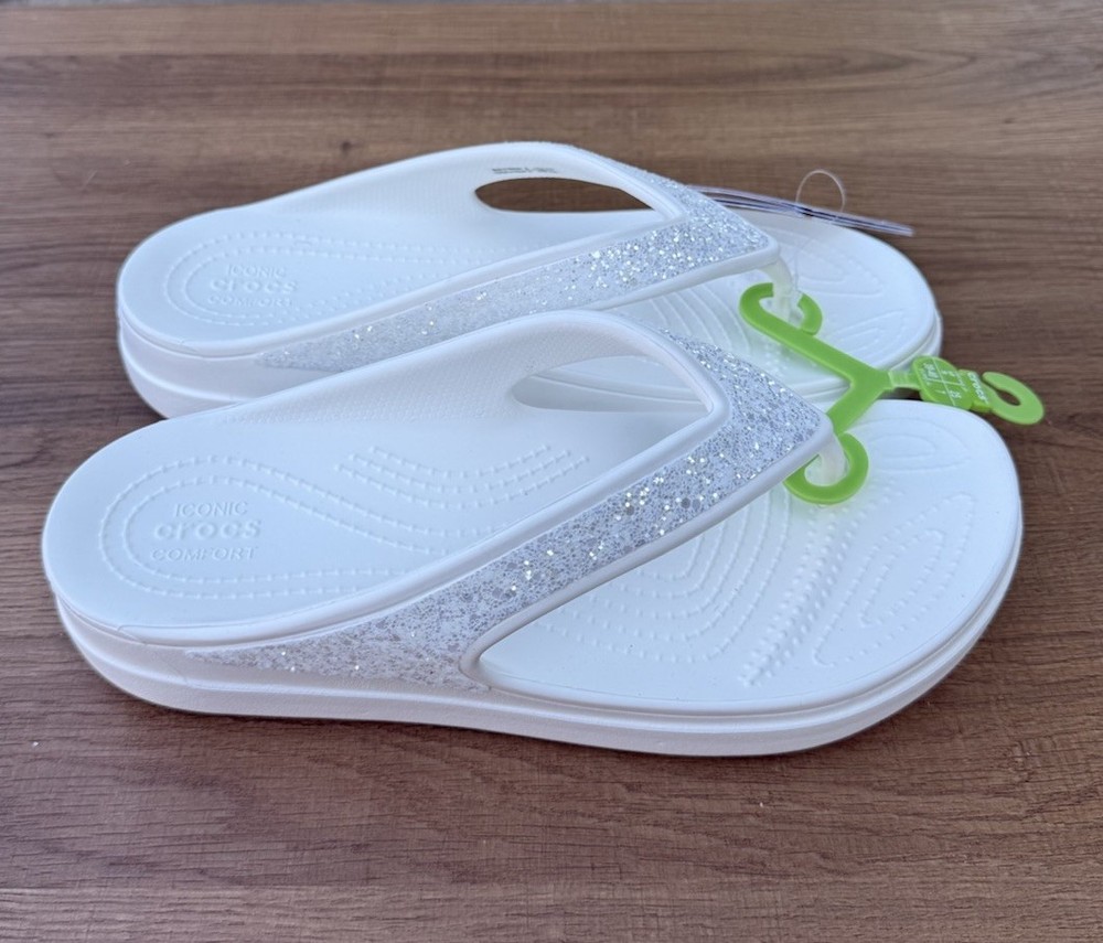 New Women’s Crocs Sloane Glitter White Flip Flops Size 9