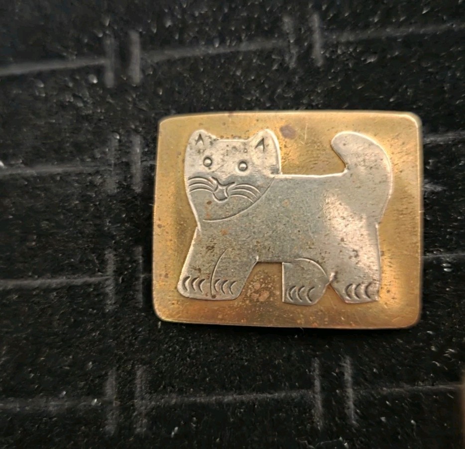 Vintage CAT Brooch Pin Muxed Metals Brass & Silver Tone Kitty Feline