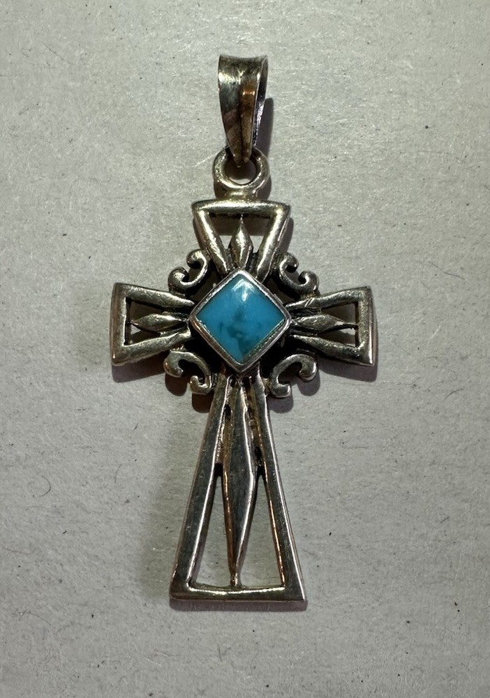 Sterling Silver 925 Signed NF Southwestern Turquoise Christian Cross Pendant 2g