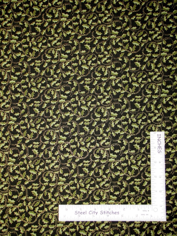 Christmas Fabric Holly Swirls Gold Green Benartex Festive Season By The Yard