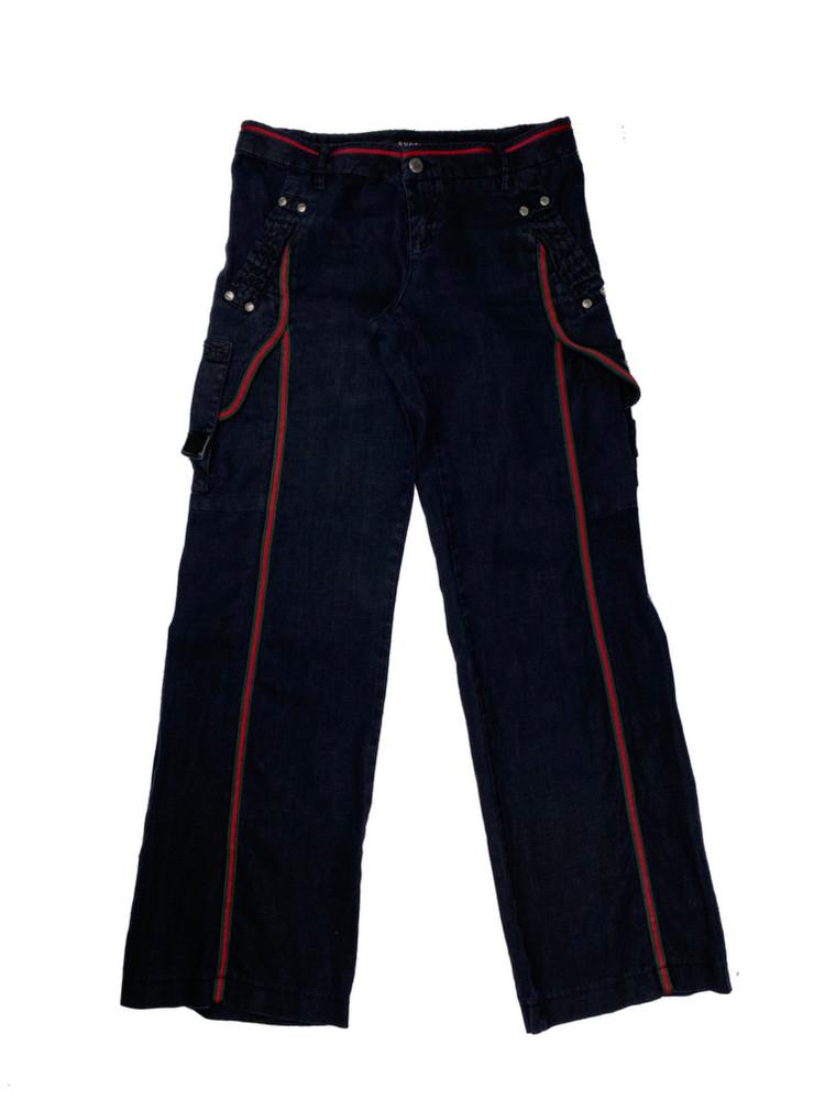 No Us Duties Gucci Ss2007 Mens Cargo Pants Wide Leg Black Cotton Logo Stripes 28