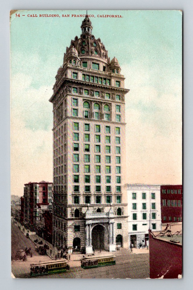 San Francisco, CA-California, Call Building Streetcars Downtown Vintage Postcard