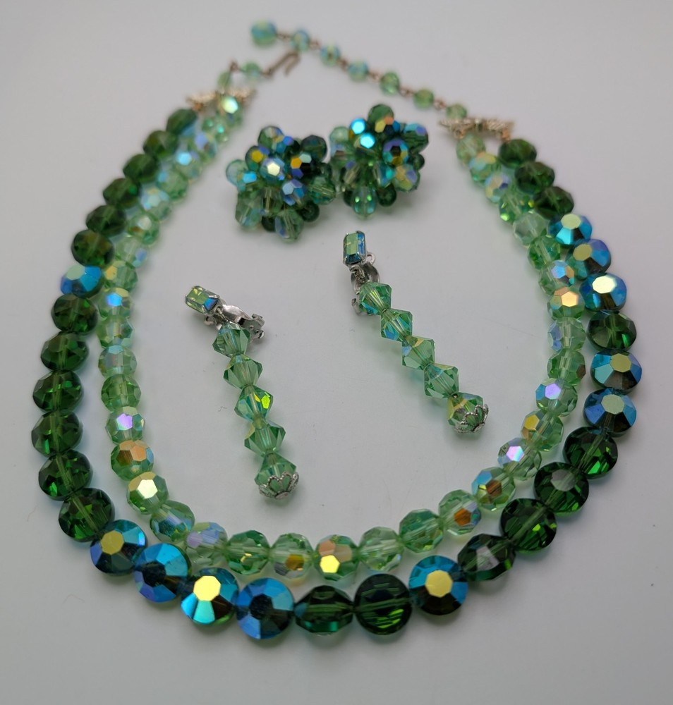 Green Aurora Borealis AB Iridescent Crystal Necklace & 2 Sets Clip-on Earrings