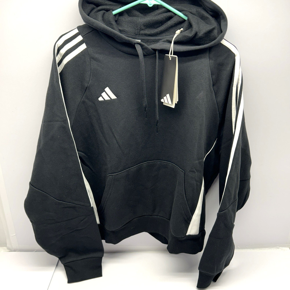 Adidas Short Hoodie Black Pullover 3 Stripes Size L Women Athleisure New w/Tags