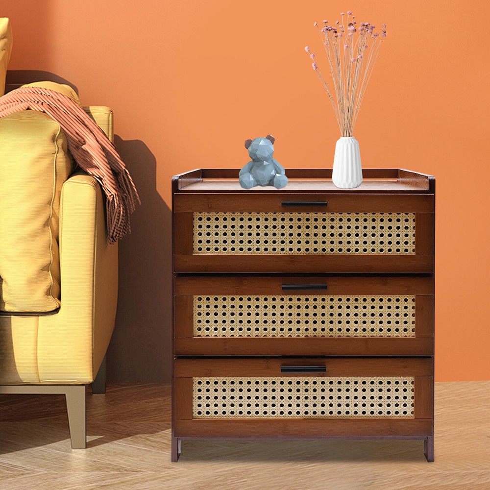 Natrual Bamboo Nightstand Bedside Table Bedroom Storage Cabinet with 3 Drawers