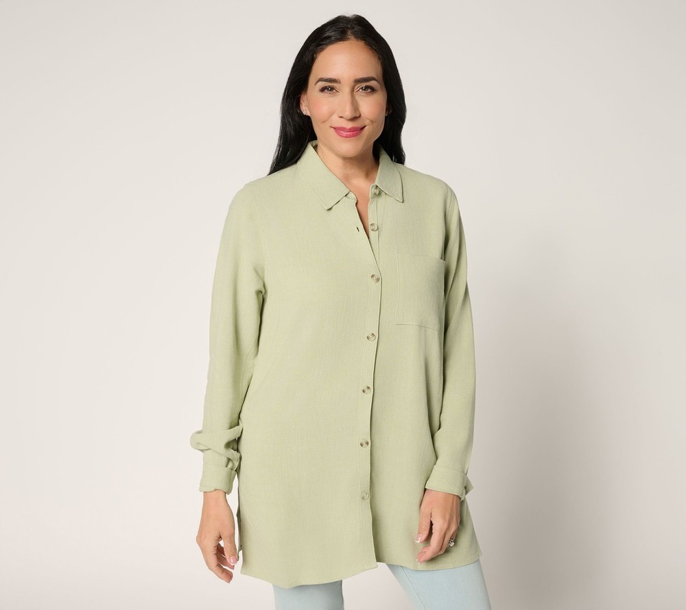 Fashion Women's Top Sz M Riviera Linen Button Up Big Shirt Green A691840