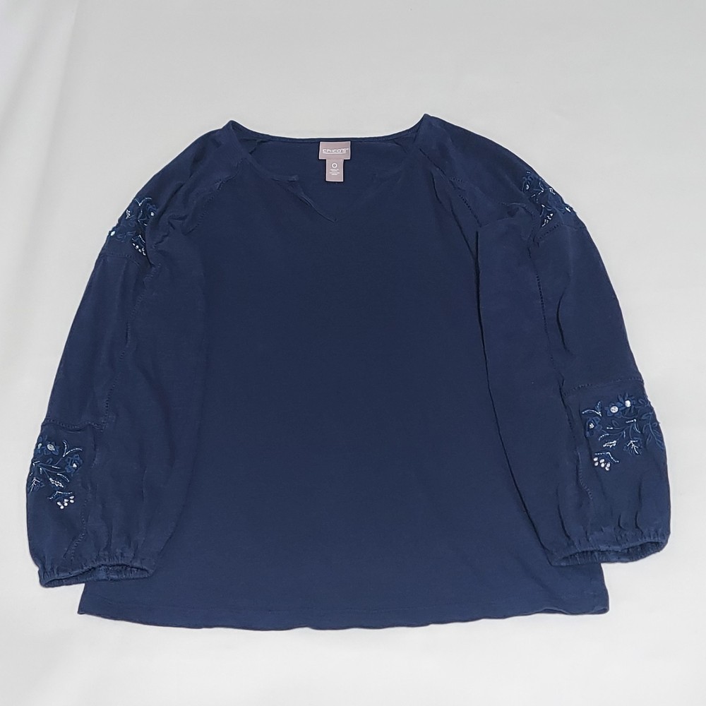 Chico's Women's Navy Blue V-Neck Long Sleeve Top Size 0