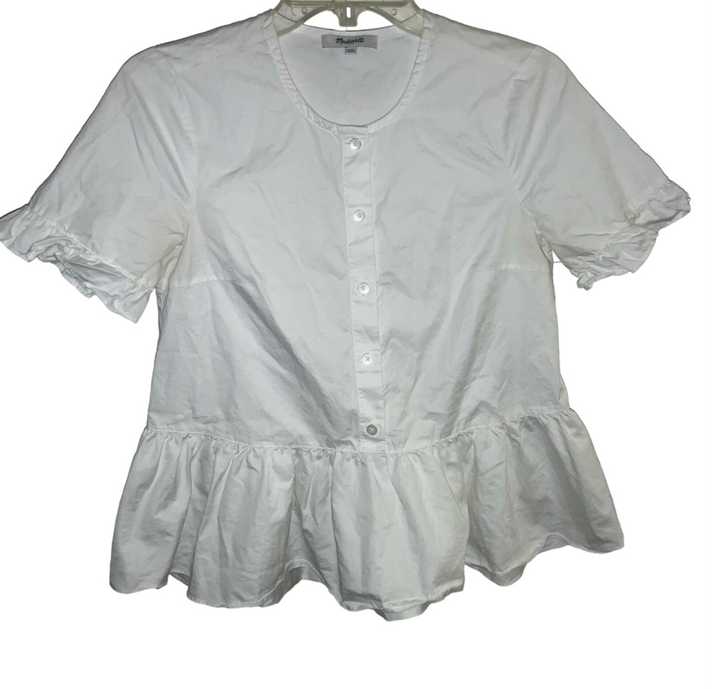 Madewell White Short Sleeve Ruffle Hem Peplum Cotton Blouse Size XXS