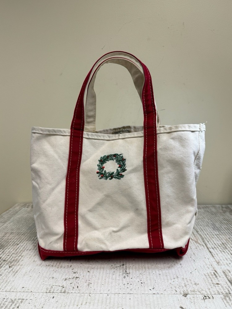 L.L. Bean Boat and Tote Christmas Wreath Red Accent Canvas Bag Open Top