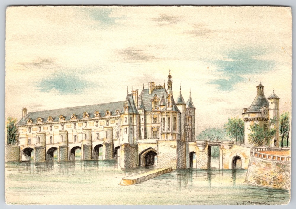 France Loire Chateau de Chenonceau Artist Signed Illustration 6x4 Postcard