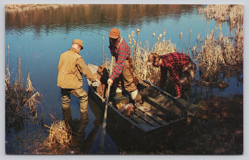 Vintage Photochrome Postcard Duck Hunters Shoving Off by Thomas Peters Lake
