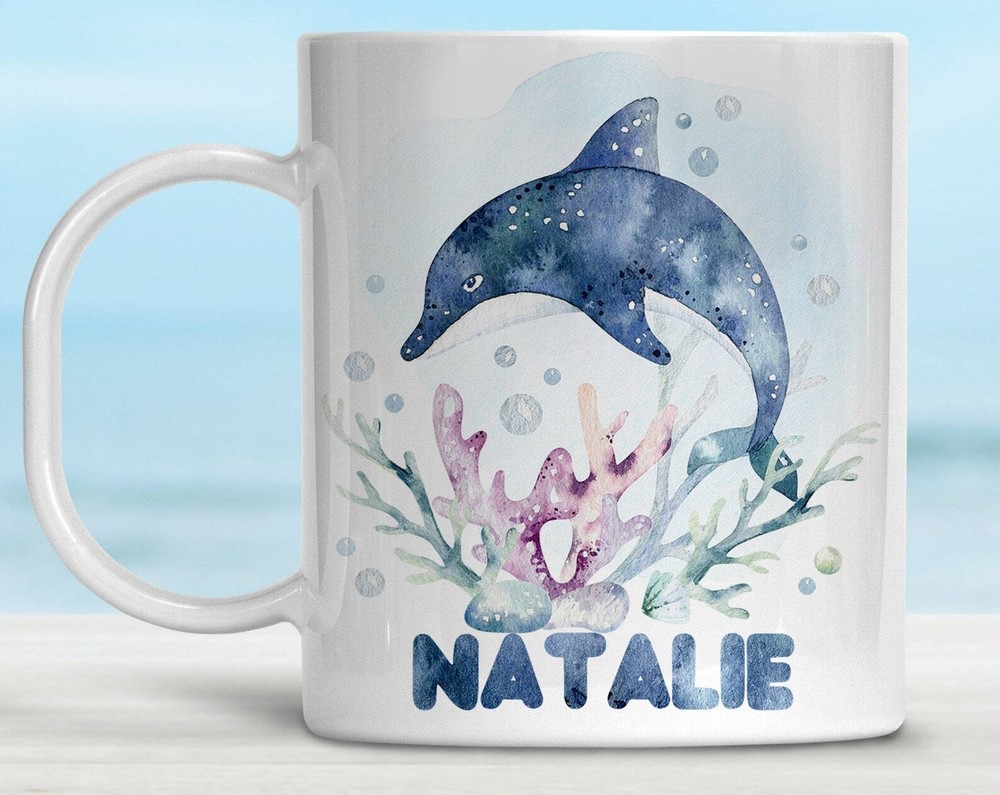 Kids Personalized Dolphin Mug Under The Sea Animals Cute Dishwasher Safe