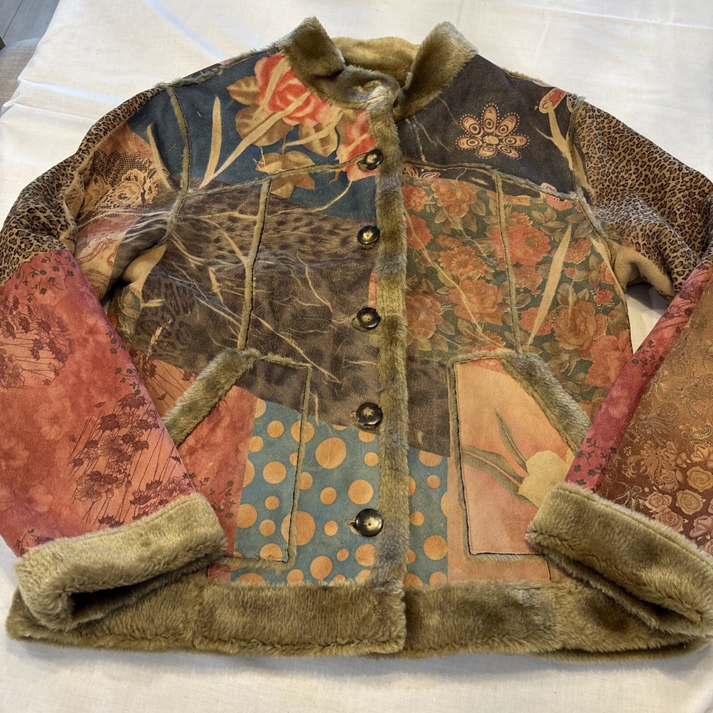 Coldwater Creek Jacket Womens Medium Faux Suede Shearling Patchwork Boho Y2K