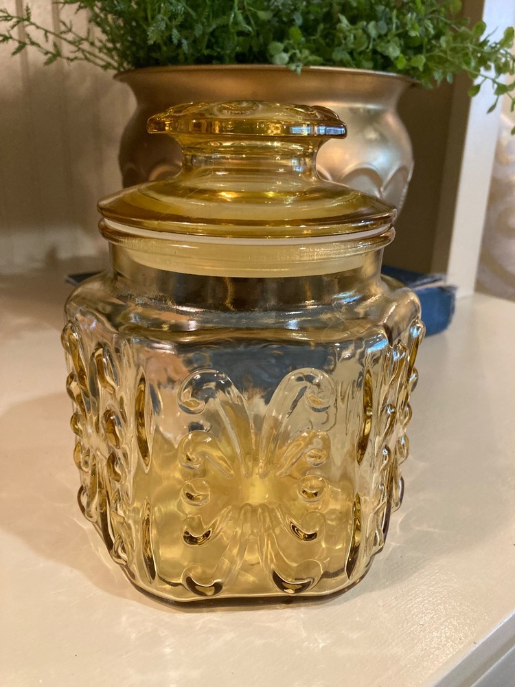 Vintage L E Smith Glass Canister Harvest Gold Imperial Atterbury Scroll 6.5