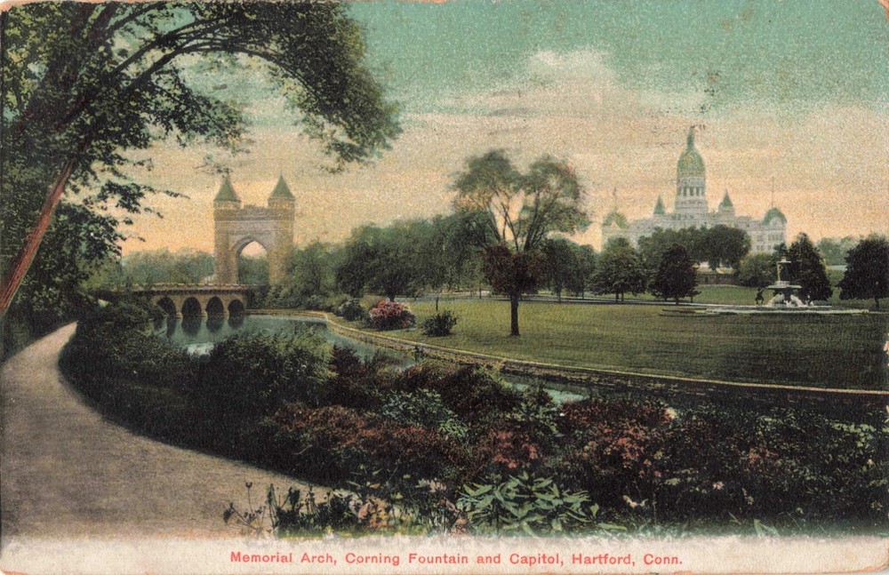 Hartford CT Connecticut, Memorial Arch Corning Fountain Capitol Vintage Postcard