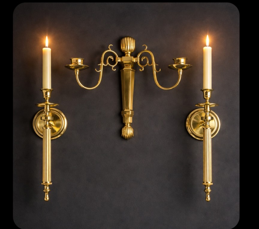 Vintage Solid Brass Wall Sconce Set 3 Pc Hollywood Regency Candle Holders