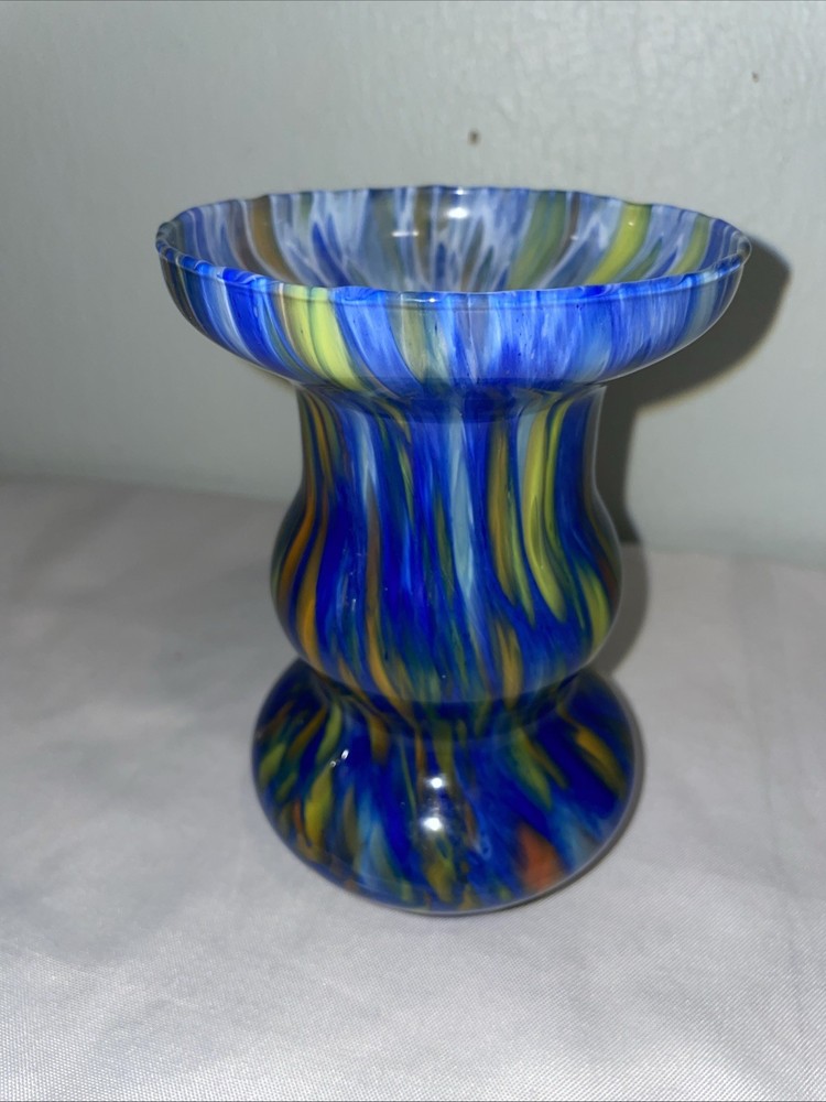 Vintage Murano Swirled Splatter Blue Confetti Art Deco Glass Vase 6
