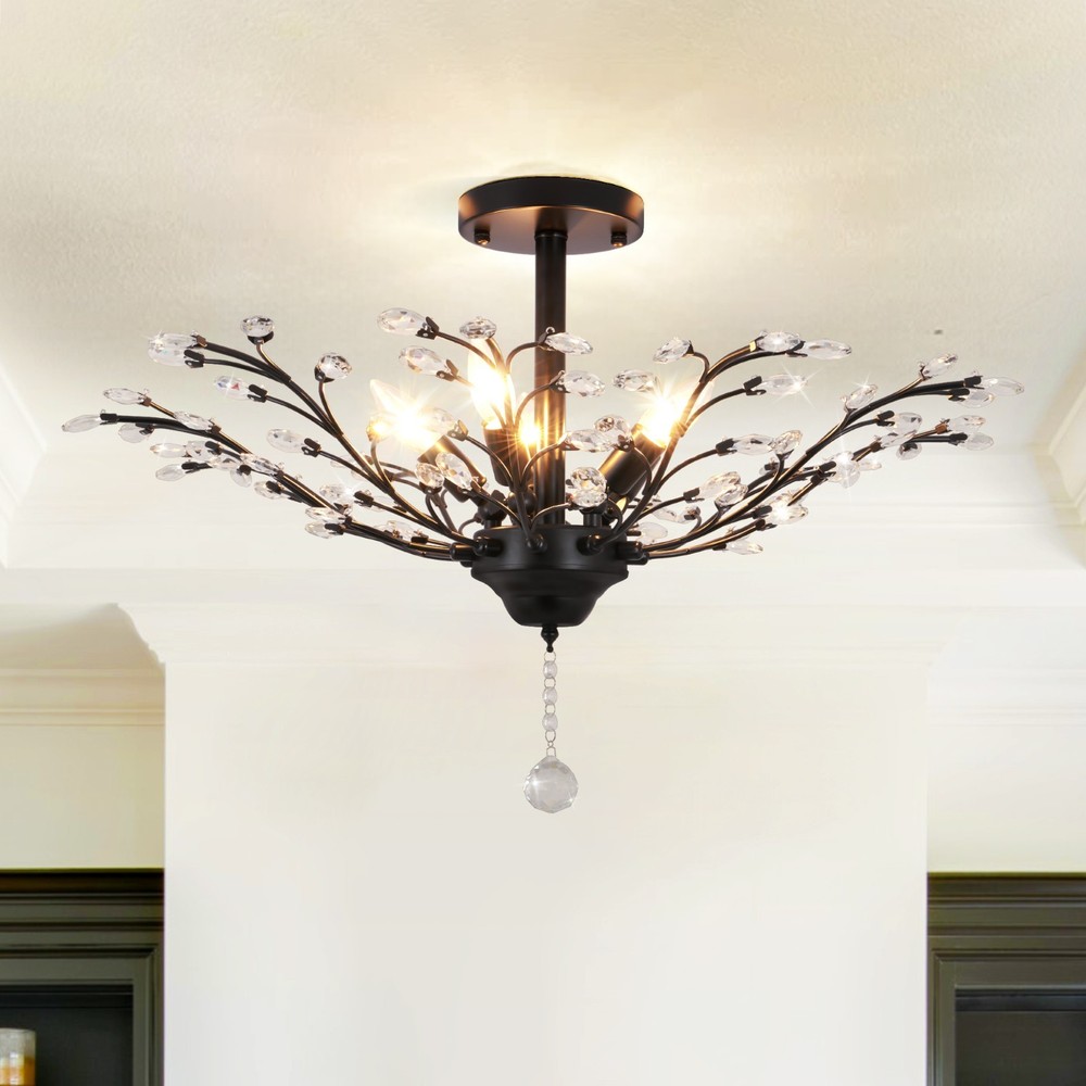 Sputnik Crystal Chandelier 5 Lights Ceiling Fixtures Black Branch Pendant Lamps