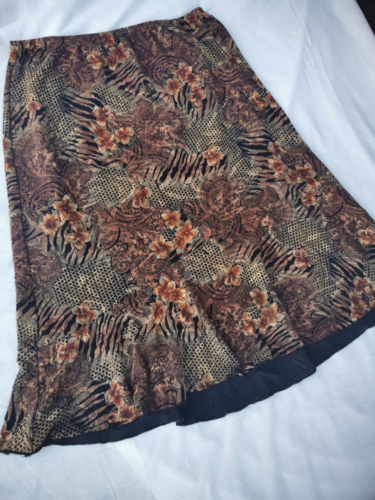 Claudia Richard Brown & Black Floral Mesh Skirt Elastic Waist Women's Large