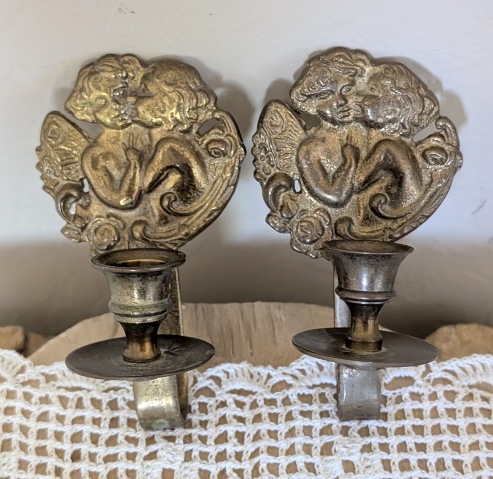 Brass Angel Candle Sconces Mini Wall Hanger Romantic Victorian Cottage Core Gold