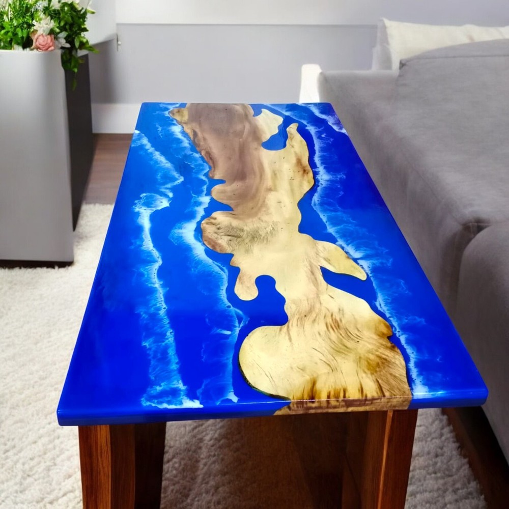 Acacia Wood Blue Epoxy Resin Dining Table or Conference Desk with Stunning Live Edge  -image