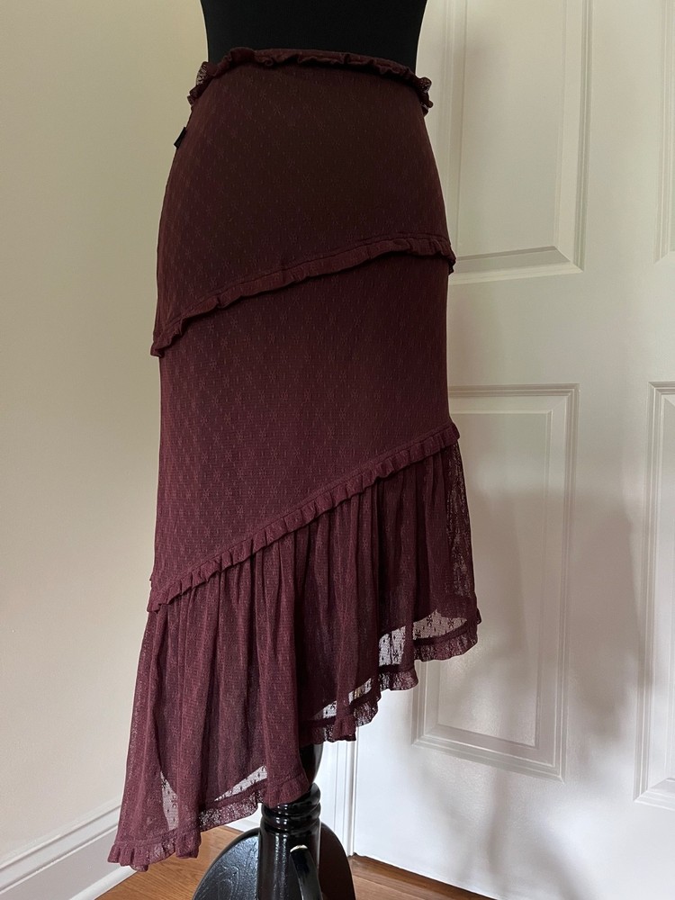 Moschino asymmetrical ruffled tiered wine-colored lace skirt, Sz.8