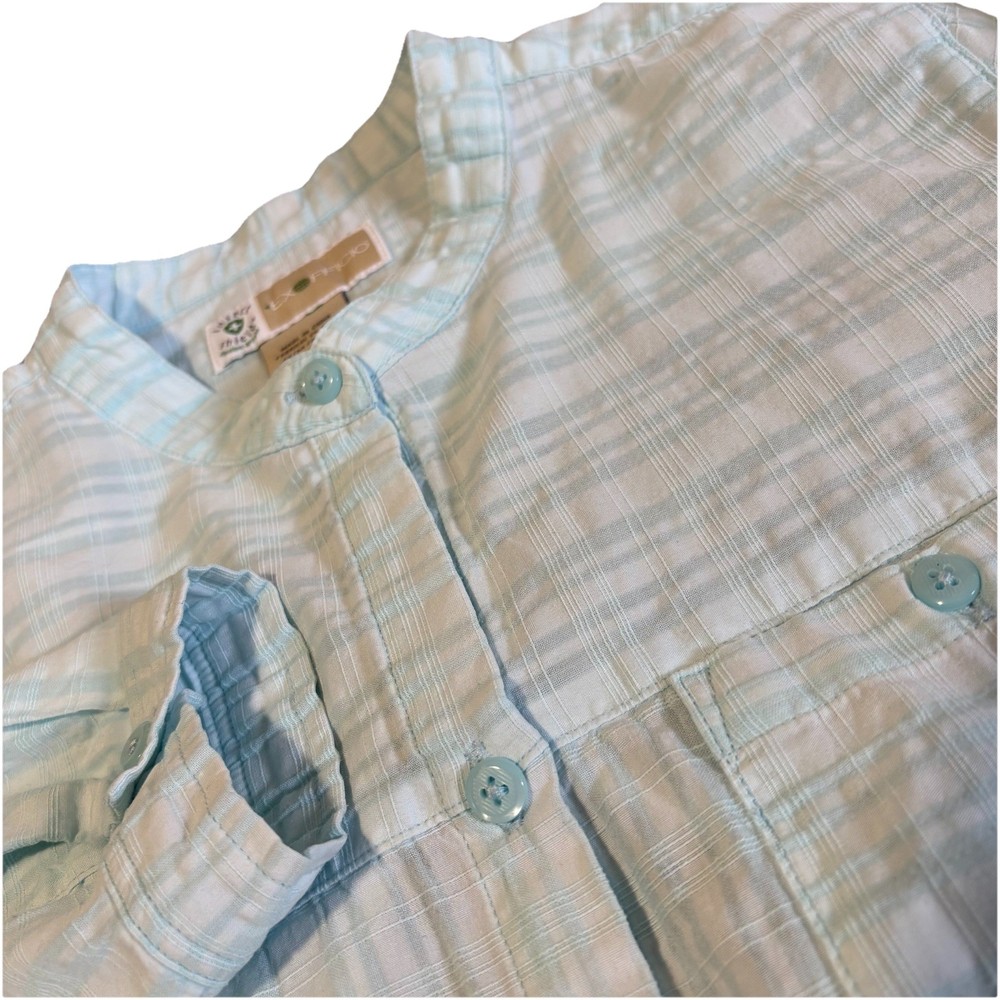 Exofficio Button Up Shirt Women M Blue Striped Insect Shield ESCC- 133B Long Slv