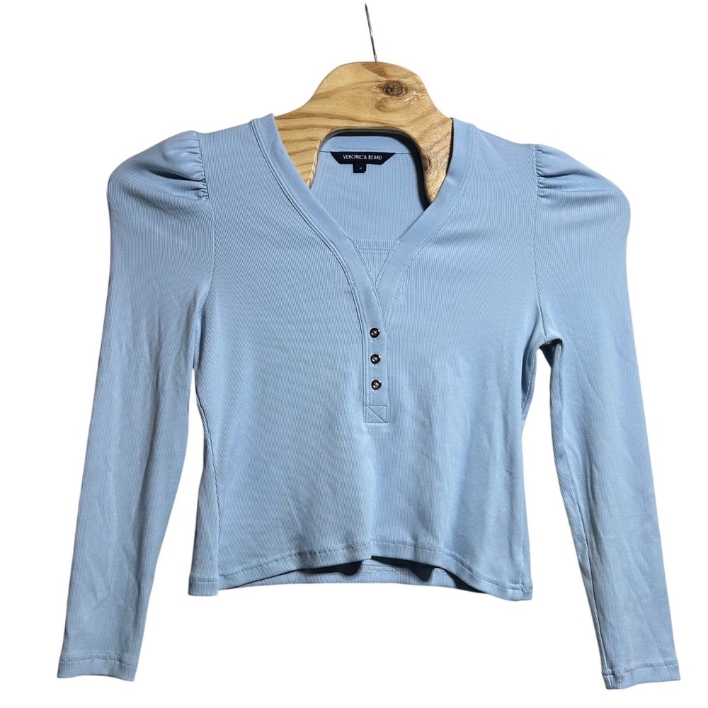 Veronica Beard Light Blue Ribbed Puff Sleeve Henley Top Pima Cotton Size M