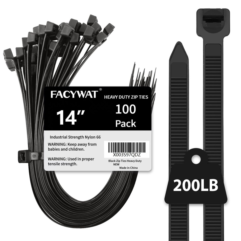 Heavy Duty 14-Inch Black Zip Ties, 200LB Strength, 100-Pack