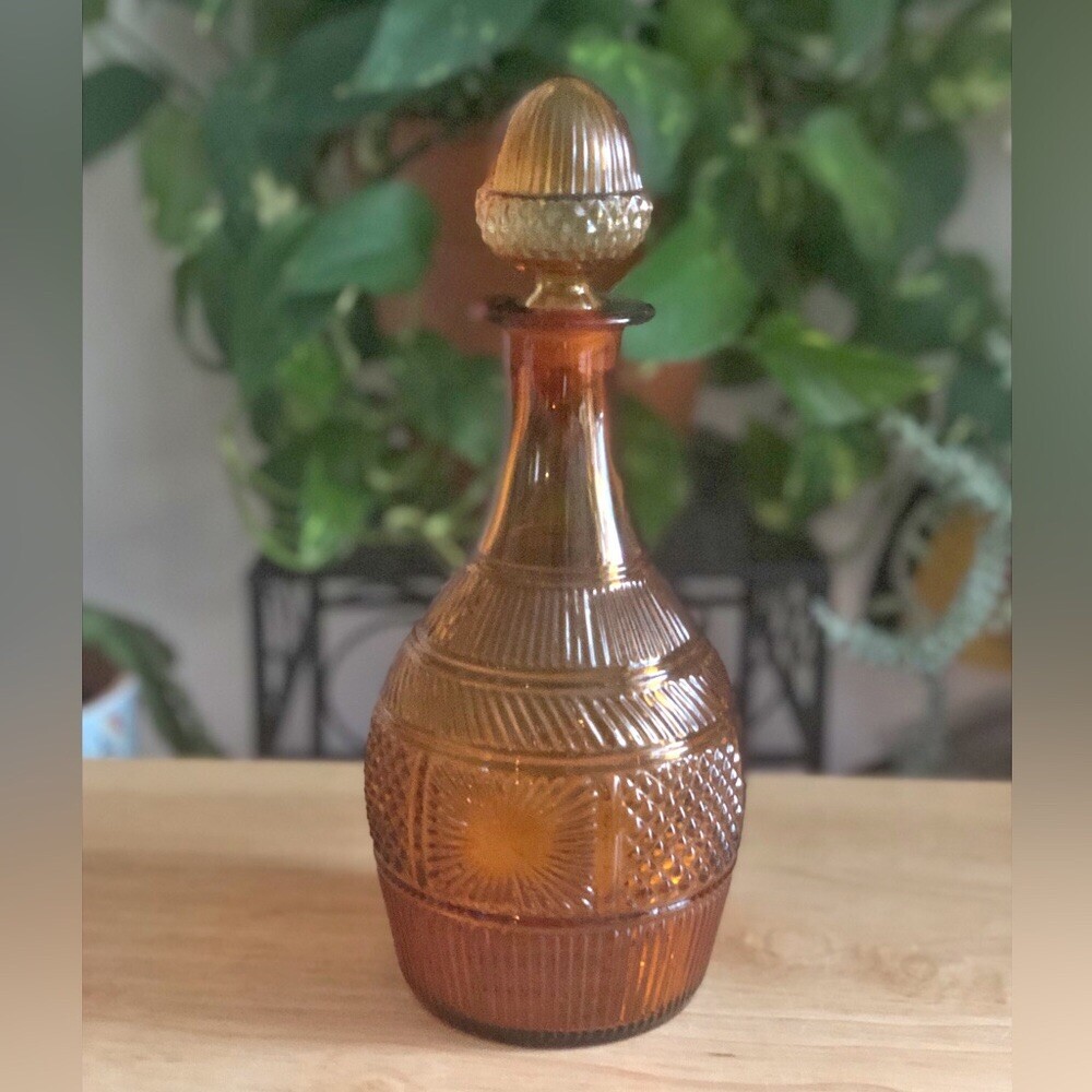 Museum of Modern Art Vintage Decanter Amber Glass Acorn Stopper Barware MCM EAPC