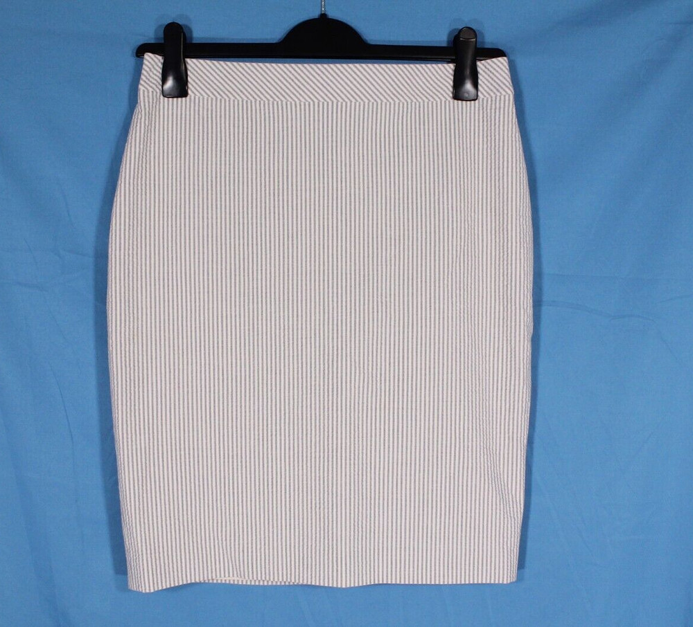 NWT ANN TAYLOR Lined SEERSUCKER Cream/Blue STRIPED Zip PENCIL/STRAIGHT SKIRT 8