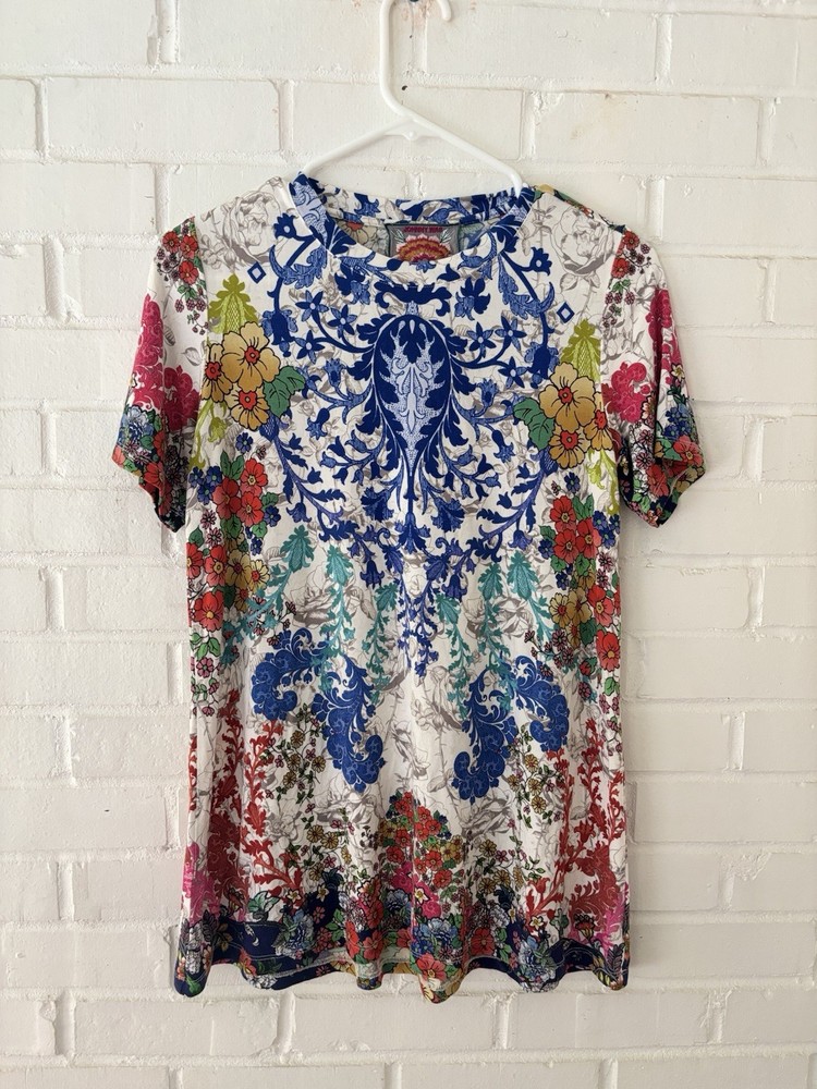 Johnny Was Shellinay Favorite Short Crew Swing Shirt Tee Blue Pink Top Size XS